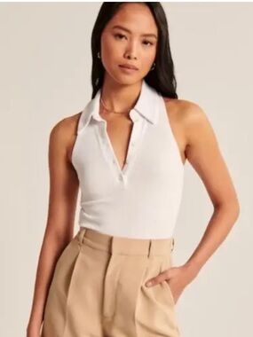 Abercrombie & Fitch White Sleeveless Collared Bodysuit